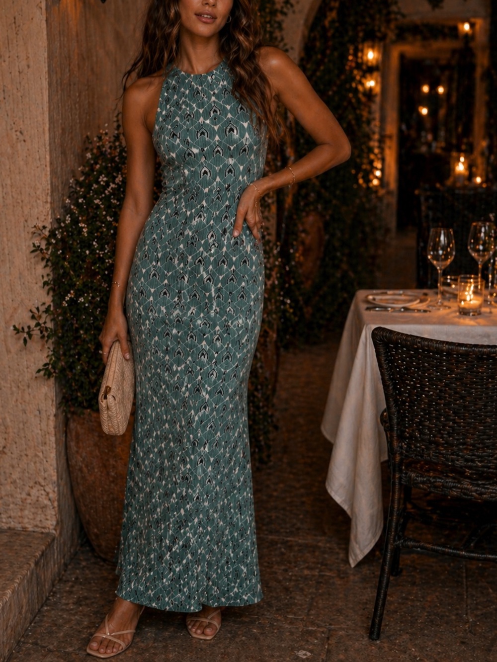 Hippie Rose Teal Geometric Halter-Style Maxi Dress
